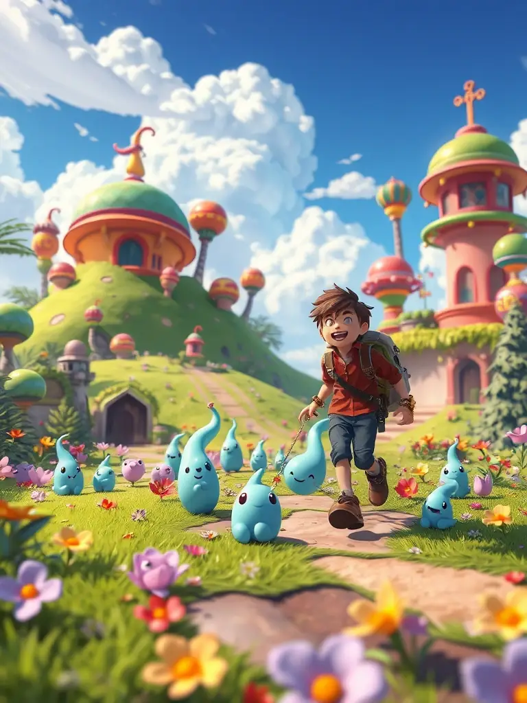 A colorful and whimsical image from Slime Rancher, showing the player character corralling adorable slimes on a vibrant alien planet.